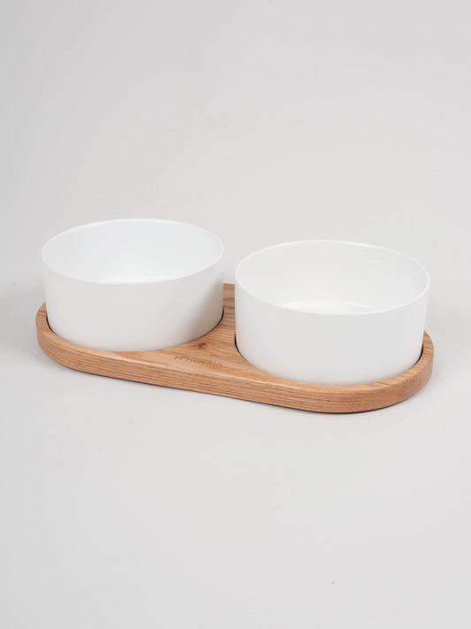 Barcelona Double Dog Bowl (Oiled Oak, White)