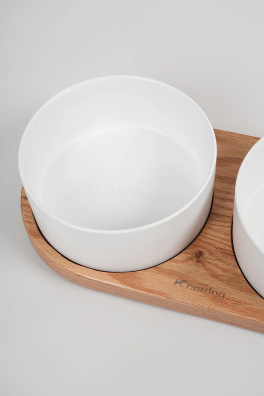Barcelona Double Dog Bowl (Oiled Oak, White)