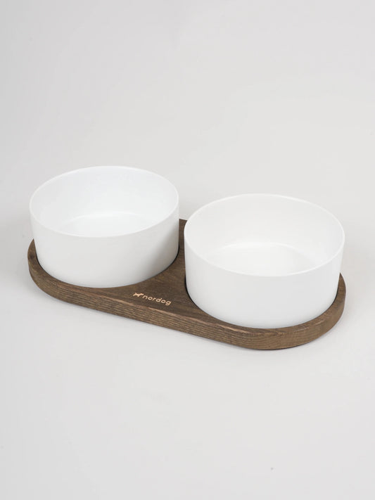 Barcelona Double Dog Bowl (Smoked Oak, White)