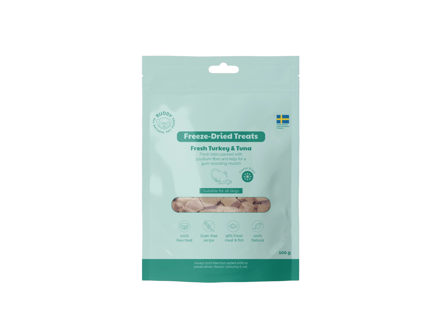 Package of freeze-dried treats for pets on a white background