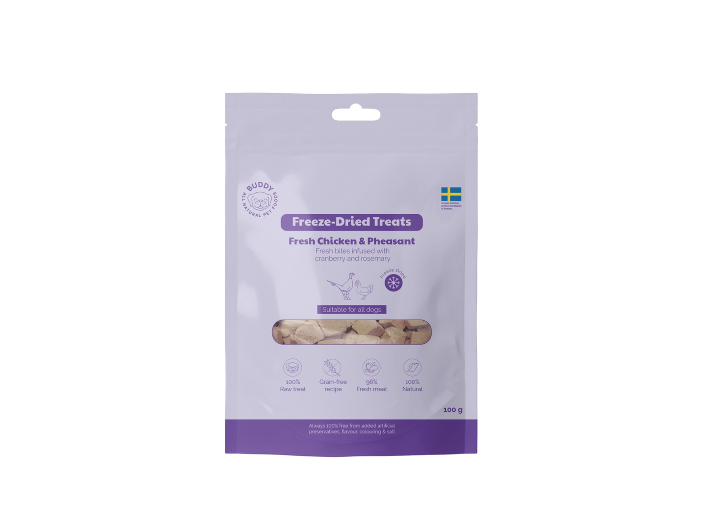 Package of freeze-dried treats with a purple label on a white background