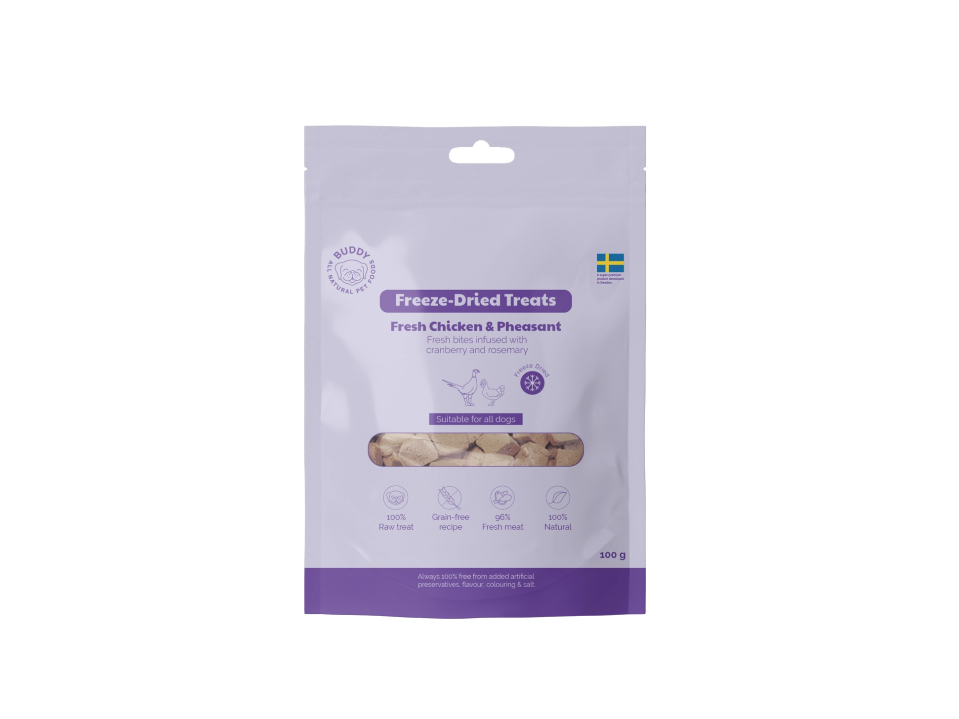 Package of freeze-dried treats with a purple label on a white background