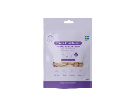 Package of freeze-dried treats with a purple label on a white background