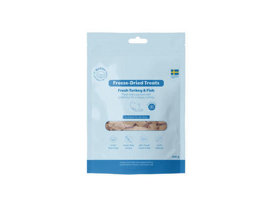Package of freeze-dried treats for pets on a white background